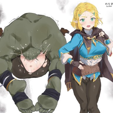 breath of the wild, tears of the kingdom, the legend of zelda, princess zelda, zelda (tears of the kingdom), noriko (ni noriko), 1girls, ass, balls deep, blonde hair, green eyes, green skin, interspecies, maledom, mating press