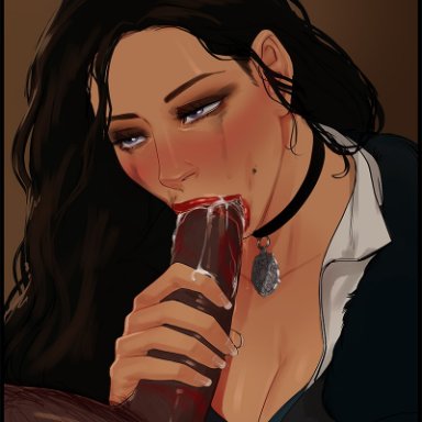 cd projekt red, the witcher (series), the witcher 3: wild hunt, yennefer, cherry-gig, 1girls, big penis, black hair, blowjob, breasts, choker, cleavage, cum, cum in mouth, cum inside