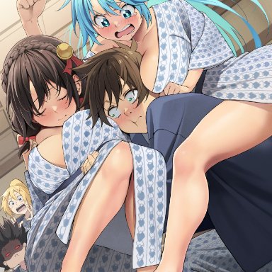 aqua (konosuba), darkness (konosuba), megumin, satou kazuma, yunyun (konosuba), izawa (bhive003), :i, :t, 1boy, 4girls, anger vein, angry, aqua hair, bare legs, barefoot