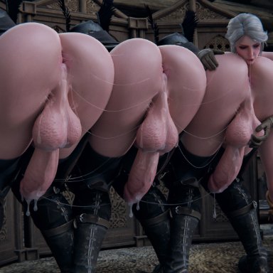 the witcher (series), ciri, meis3d, 1girls, 3futas, anilingus, anus, backsack, bent over, big breasts, breasts, cock-tail, cum, erection, female