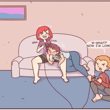 red7cat, 1futa, 2boys, big breasts, big penis, clothed, clothing, erection, fellatio, femboy, fully clothed, futa on male, futanari, gaming, human