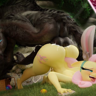 friendship is magic, hasbro, my little pony, fluttershy (mlp), hooves-art, ambiguous penetration, anthro, bodily fluids, bubble butt, butt crack, canid, canine, cum, cum on ass, duo