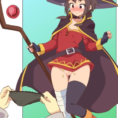 megumin, satou kazuma, rs40uchiha, 1boy, 1girls, black hair, black panties, bottomless, female, male, panties, pussy, red eyes, small breasts, stealing