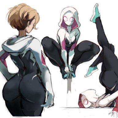 marvel, marvel comics, spider-man (series), gwen stacy, spider-gwen, rakeemspoon, 1girls, ass, blonde hair, female, female only, fully clothed, short hair, small breasts, solo