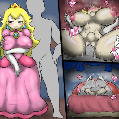 mario (series), super mario bros., anon, princess peach, enigi09, 1boy, 1girls, alternate breast size, bed, breasts, dress, faceless male, female, female focus, huge breasts