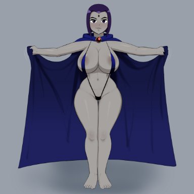 dc, dc comics, teen titans, raven (dc), g3mma, 1girls, areolae, barefoot, bikini, blue bikini, blue swimsuit, blush, breasts, cloak, feet