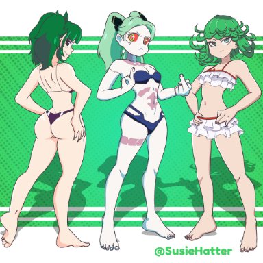 cyberpunk: edgerunners, one-punch man, rebecca (edgerunners), tatsumaki, susiehatter, 3girls, ass, barefoot, belly button, butt, feet, female, female only, full body, green hair