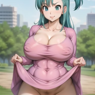 1girls, abs, ai generated, aqua eyes, aqua hair, big breasts, big nipples, blush, bulma, bulma (dragon ball), bulma briefs, clothes lift, dragon ball, dragon ball (classic), dress lift