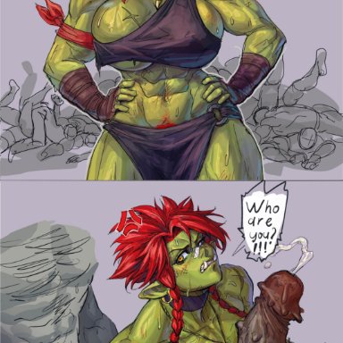 orc (virgoart1509), virgoart1509, 1girls, 2boys, abs, ambiguous consent, anger vein, angry, arm wraps, bandage, bandage on nose, bandana, barbed penis, breasts, dubious consent