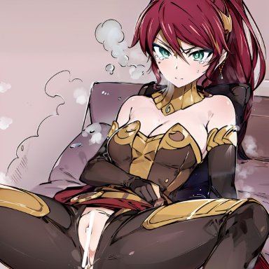 rwby, pyrrha nikos, km m, 1girls, after sex, arm gloves, armor, armored corset, circlet, corset, cum, cum drip, cum in pussy, cum inside, cum overflow