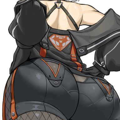 goddess of victory: nikke, drake (nikke), artist request, goma., alternate costume, ass, ass focus, bare shoulders, drake (villain racer) (nikke), female, fishnet pantyhose, fishnets, from behind, from below, gloves