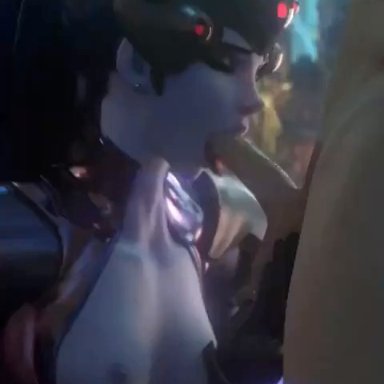 overwatch, widowmaker, blowjob, boobs out, breasts, closed eyes, erection, fellatio, nipples, overweight male, penis, small breasts, testicles, tongue out, video