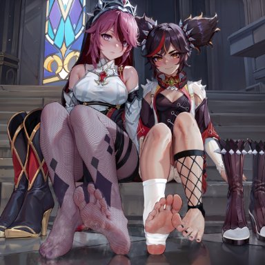 genshin impact, rosaria (genshin impact), xinyan (genshin impact), stable diffusion, xinyandegen, 2girls, bangs, bare shoulders, black footwear, black hair, black nails, black shorts, blush, boots, boots removed