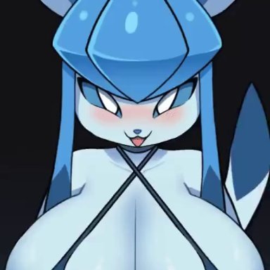 nintendo, pokemon, eeveelution, generation 4 pokemon, glaceon, glacia (evolution), pokemon (species), rabbitbrush, anthro, biped, black background, blue body, blue sclera, blush, bodily fluids