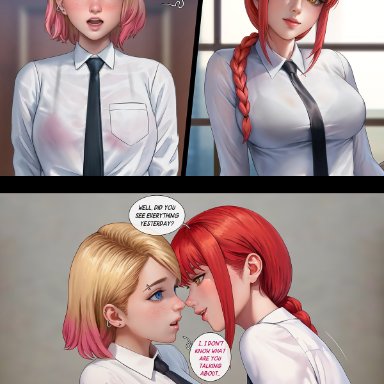 chainsaw man, marvel, marvel comics, spider-man (series), gwen stacy, makima (chainsaw man), spider-man, alexander dinh, blonde hair, blush, breasts, eye contact, face-to-face, female, leaning forward