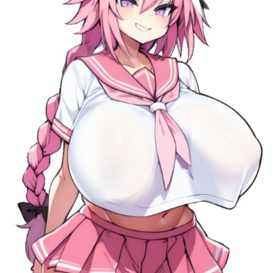 fate (series), astolfo (fate), 1girls, arms behind back, braid, female, female only, gigantic breasts, hairbow, huge breasts, large ass, long hair, looking at viewer, midriff, navel