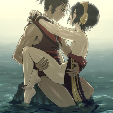 avatar the last airbender, sokka, toph bei fong, ren valentine, 1boy, 1boy1girl, 1girls, arms around neck, arms around partner, asian female, bare legs, black hair, black nails, blind, bottomless