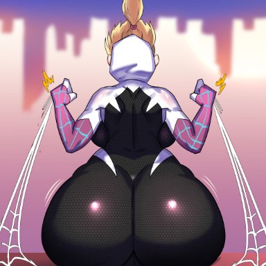 marvel, marvel comics, spider-man (series), gwen stacy, spider-gwen, ytrall, 1girls, ass, back view, big ass, blonde hair, dat ass, female, female only, huge ass