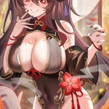 genshin impact, boo tao (genshin impact), hu tao (genshin impact), tansuan, alternate breast size, bracelet, bracelets, cleavage, flower in hair, grin, huge breasts, long nails, ring, sideboob, skindentation