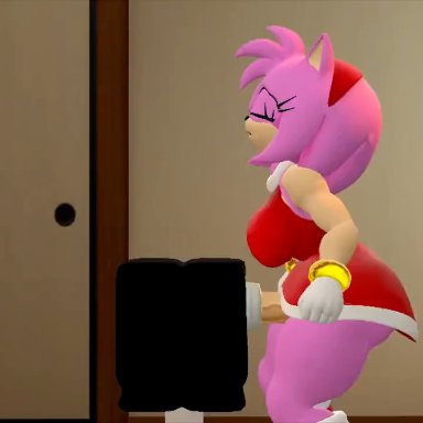 sega, sonic (series), amy rose, lewdgear, anthro, ass, big breasts, boots, bracelets, breasts, breeding mount, clothed, clothed female, clothed futanari, clothing