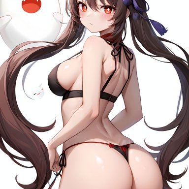 genshin impact, boo tao (genshin impact), hu tao (genshin impact), 1other, ass, ass focus, blush, bra, breasts, brown hair, butt crack, female, from behind, ghost, hat