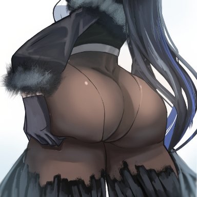 hololive, hololive english, nerissa ravencroft, 1girls, ass, ass focus, ass support, bare shoulders, black gloves, black hair, blue hair, clothing cutout, cropped head, female, filthyalananima