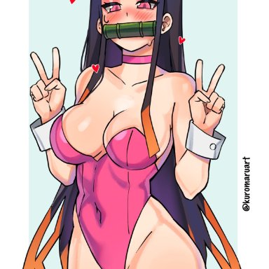 aged up, alternate breast size, big ass, big breasts, black hair, bunny costume, bunny ears, bunnysuit, demon slayer, heart, hearts, kamado nezuko, kimetsu no yaiba, kuromaruart, orange hair