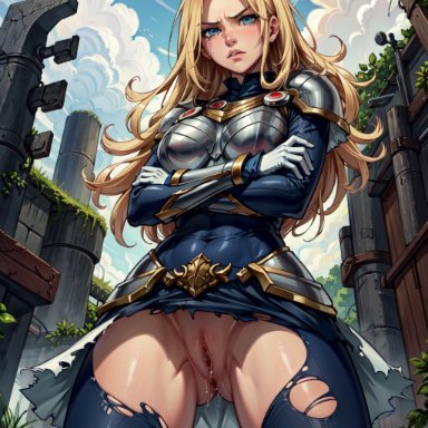 league of legends, luxanna crownguard, vertiloart, 1girls, angry, blonde hair, crossed arms, crying, pussy, pussy juice, solo, tears, torn clothes, ai generated