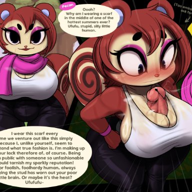 animal crossing, nintendo, pecan (animal crossing), plundered, 1futa, anthro, autopaizuri, autotitfuck, big breasts, big penis, blush, bodily fluids, bottomwear, breast play, breasts