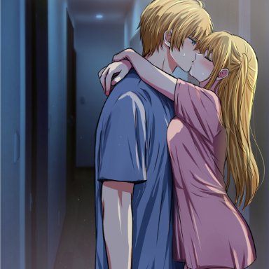 oshi no ko, hoshino aquamarine, hoshino ruby, asgykk, 1boy, blonde hair, blue eyes, blue shirt, blush, breasts, brother and sister, closed eyes, cowboy shot, door, female