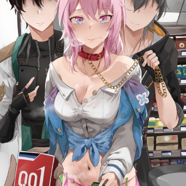 honkai (series), honkai: star rail, caelus (honkai: star rail), dan heng, march 7th (honkai: star rail), 2boys, black gloves, black hair, blue eyes, breasts, buying condoms, cleavage, closed mouth, collar, collarbone