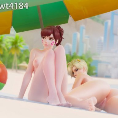 overwatch, d.va, mercy, rwt4184, anus, asian, asian female, ass, ball, barefoot, beach, beachball, big ass, big butt, blonde