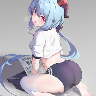 genshin impact, ganyu (genshin impact), ass, blue buruma, blue hair, blush, breasts, buruma, embarrassed, female, fengqun, gym uniform, heart, heart-shaped pupils, holding