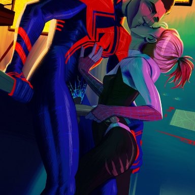 marvel, marvel comics, spider-man 2099, gwen stacy, miguel o'hara, spider-gwen, nickeronic, 1boy, 1girls, age difference, ckincker, female, handjob, irish male, kissing