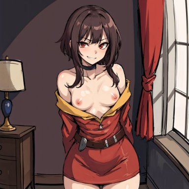 megumin, leukocrisp, stable diffusion, 1girls, indoors, looking at viewer, nipples, small breasts, smirk, smug, standing, ai generated