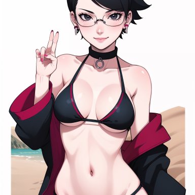 boruto: naruto next generations, naruto, naruto (series), sarada uchiha, uchiha sarada, dogeofvenice, 1girls, aged up, beach, big breasts, bikini, bikini bottom, bikini top, black hair, breasts