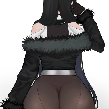 1girls, ass, ass focus, asymmetrical horns, back, bare shoulders, black gloves, black hair, blue hair, breasts, facing away, female, female only, from behind, fur trim