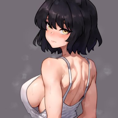 rwby, blake belladonna, bluefield, 1girls, black hair, breasts, cat ears, catgirl, female, large breasts, light skin, light-skinned female, short hair, steam, sweat