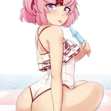 doki doki literature club, raionart, big ass, big butt, frills, large ass, large butt, looking back, pink eyes, pink hair, popsicle, pose, purple eyes, short hair, skimpy