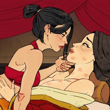 avatar the last airbender, azula, ursa (avatar), julesartstash, after kiss, aged up, alternate costume, blush, brown hair, drapes, incest, kiss mark, kissing, mother and daughter, pillow