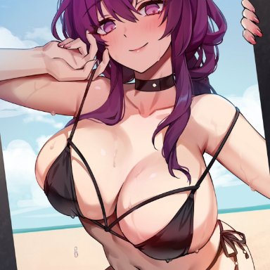 honkai: star rail, kafka (honkai: star rail), foxyreine, beach, bikini, collar, huge breasts, leaning forward, painted nails, pulling bikini string, smile, standing in doorway, swimsuit, thigh strap, patreon logo