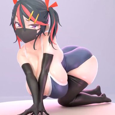 virtual ant channel, ariduka formica, formica (vtuber), iii521099, ass, black gloves, black hair, black mask, black thighhighs, breasts, bursting breasts, cleavage, elbow gloves, female, gigantic breasts