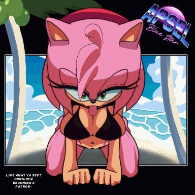 sega, sonic the hedgehog (series), amy rose, apsel bluestar, anthro, beach, big breasts, bikini, bikini top, bottomless, bottomless female, breasts, clothed, clothing, eulipotyphlan