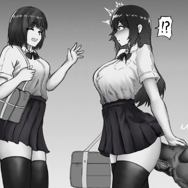 original, 2girls, blush, canine, cunnilingus, interspecies, multiple girls, oral, school uniform, skirt, surprised, thighhighs, user fnvy4824, zoophilia, greyscale