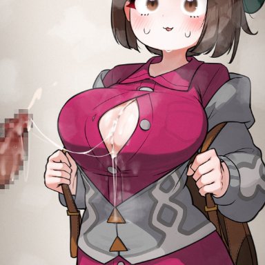 game freak, nintendo, pokemon, pokemon ss, gloria (pokemon), yuuri (pokemon), hizake, kashu (hizake), 1girls, alternate breast size, blush, breasts, brown eyes, brown hair, cum