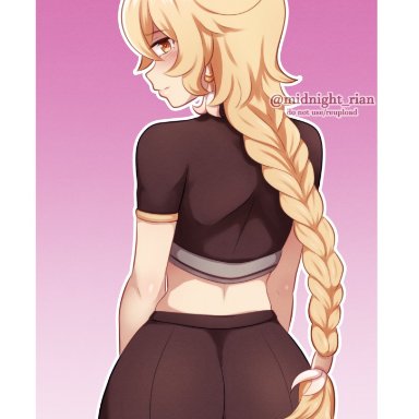 genshin impact, hoyoverse, mihoyo, aether (genshin impact), amber eyes, ass, ass focus, big ass, blonde hair, bottom aether, braided hair, crop top, earring, embarrassed, femboy