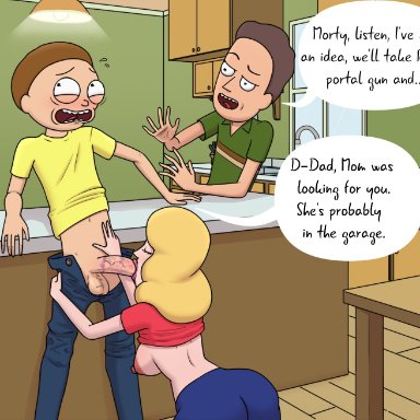 adult swim, rick and morty, beth smith, jerry smith, morty smith, diklonius, areolae, ass, background, blonde hair, blowjob, breasts, brown hair, cucked by own son, father