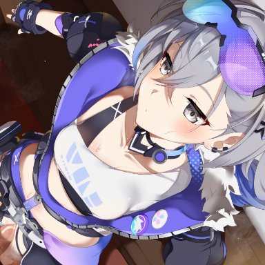 honkai (series), honkai: star rail, silver wolf (honkai: star rail), takashia (akimototakashia), 1boy, 1girls, badge, belt, boots, breasts, button badge, choker, closed mouth, clothed sex, collarbone