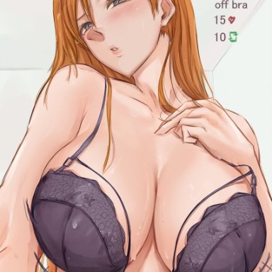 bleach, inoue orihime, coop osen, zon-leesean, 1girls, big breasts, bra, breasts, cleavage, front-hook bra, grey eyes, hand on own chest, large breasts, looking at viewer, motion lines