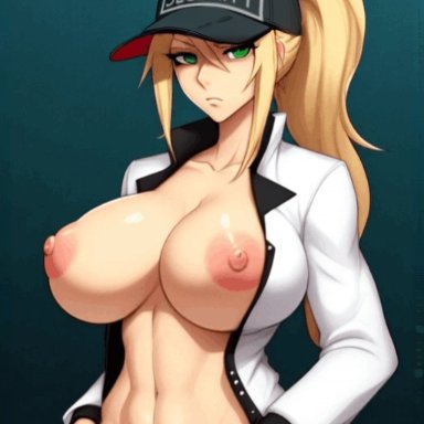 five nights at freddy's, fnaf, vanessa (fnaf), otherll, baseball cap, big nipples, blonde hair, closed mouth, enormous breasts, female, green eyes, huge areolae, looking at viewer, navel, ponytail